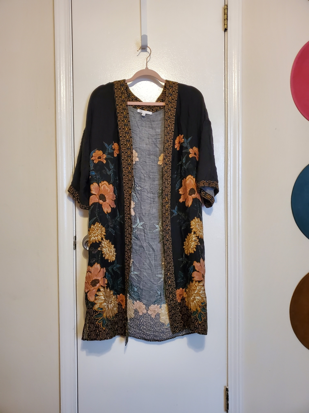 DR2 Black Floral Embroidered Kimono Cape with Gold Trim